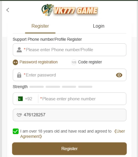 VK777 Game register image